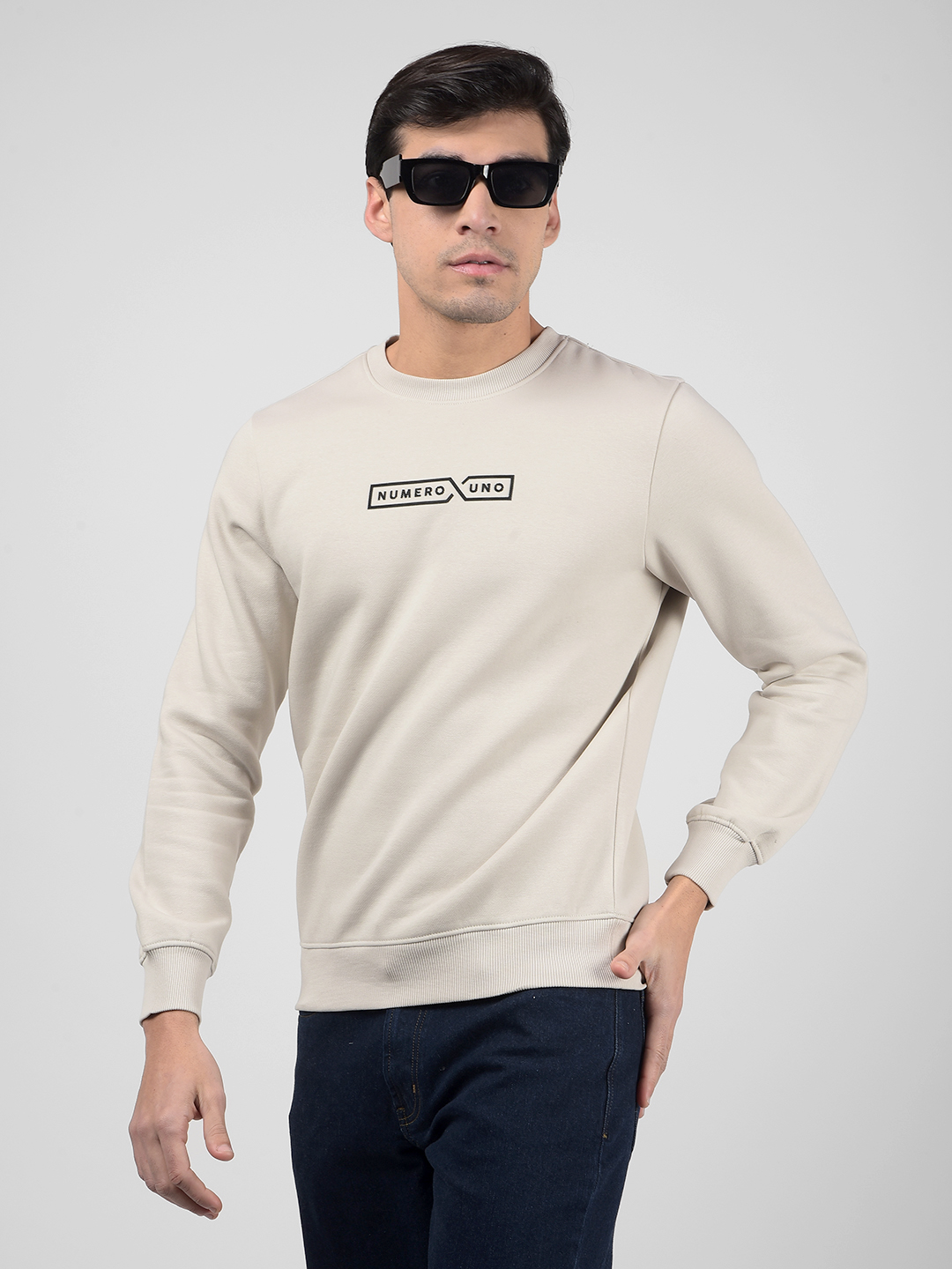 Numero Uno Men Logo Print Beige Sweat Shirt